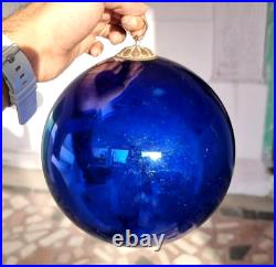 1900 Old Vintage Antique Rare 6.5 Big Round Blue Glass Christmas Kugel Ornament
