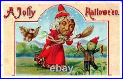 1909 Antique Ultra-Rare Halloween Big-Headed Witch Postcard Scarecrow, Owl