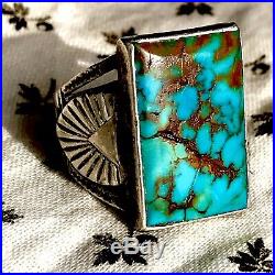 1930 Mens Neon Blue Royston Rare Old Turquoise Silver Ring Big Rectangle FRED