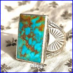 1930 Mens Neon Blue Royston Rare Old Turquoise Silver Ring Big Rectangle FRED