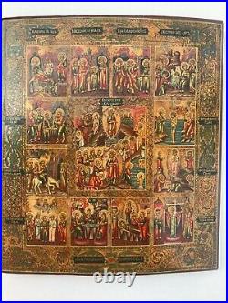 19c Rare Russian Orthodox Hand Painted Big Icon Resurrection 12 Feasts On Gold