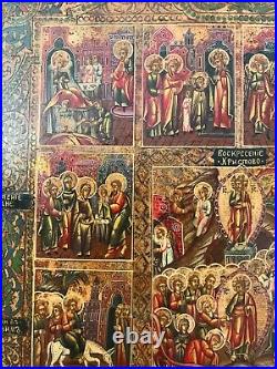 19c Rare Russian Orthodox Hand Painted Big Icon Resurrection 12 Feasts On Gold