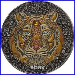 2020 Ghana Tiger Big Cat Silver Coin Mandala High Relief Swarovski Gemstone RARE