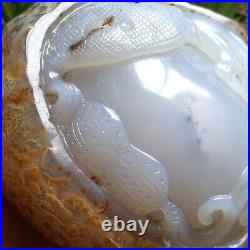 630g RARE Big Moving Water Bubble Enhydro Agate With Hand Carved Dragon & Gourd