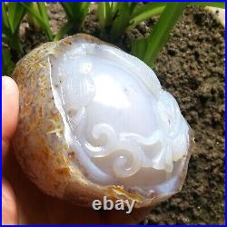 630g RARE Big Moving Water Bubble Enhydro Agate With Hand Carved Dragon & Gourd