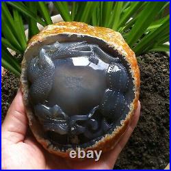 688g RARE Big Moving Water Bubble Enhydro Agate With Hand Carved Dragon & Gourd
