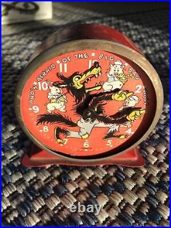 Antique 1934 Three Little Pigs & Big Bad Wolf Disney Ingersoll Rare Alarm Clock