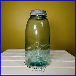 Antique BALL MASON Big Large JAR Glass Top Metal Lid RARE Wavy 4-3 Blue