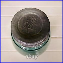 Antique BALL MASON Big Large JAR Glass Top Metal Lid RARE Wavy 4-3 Blue