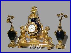 Big Rare Antique 19C French Gilt Bronze & Porcelain Clock in Palace Double Dials