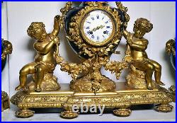 Big Rare Antique 19C French Gilt Bronze & Porcelain Clock in Palace Double Dials