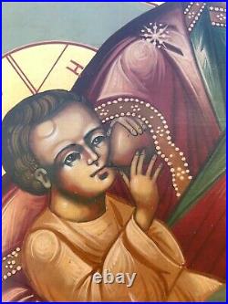 Big Rare Antique 20c Hand Painted Russian Icon Of The Virgin Breastfeeding Jesus