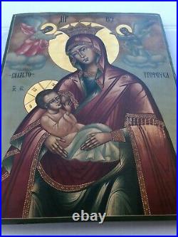 Big Rare Antique 20c Hand Painted Russian Icon Of The Virgin Breastfeeding Jesus