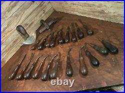 Big lot antique GOMPH C. S. OSBORNE leather working tools rosewood handles. Rare