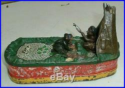 Genuine CHIEF BIG MOON cast iron MECHANICAL BANK rare Multi-color Org&STRONG