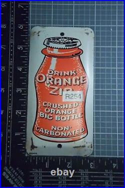 RARE 1950s DRINK ORANGE ZIP CRUSHED BIG BOTTLE STAMPED PAINTED METAL SIGN CRUSH