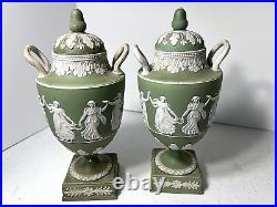 RARE 19th CENTURY WEDGWOOD GREEN DANCING HOURS URNS #1202 PAIR ONE A/F