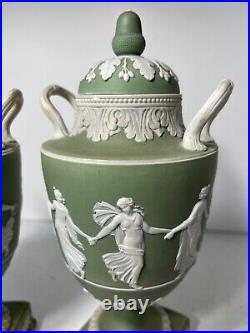 RARE 19th CENTURY WEDGWOOD GREEN DANCING HOURS URNS #1202 PAIR ONE A/F