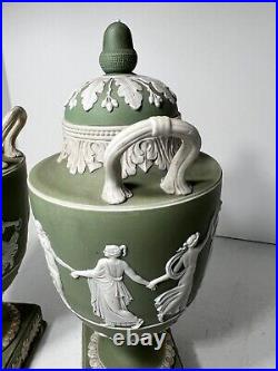 RARE 19th CENTURY WEDGWOOD GREEN DANCING HOURS URNS #1202 PAIR ONE A/F