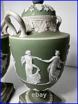 RARE 19th CENTURY WEDGWOOD GREEN DANCING HOURS URNS #1202 PAIR ONE A/F