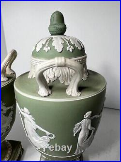 RARE 19th CENTURY WEDGWOOD GREEN DANCING HOURS URNS #1202 PAIR ONE A/F