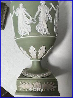 RARE 19th CENTURY WEDGWOOD GREEN DANCING HOURS URNS #1202 PAIR ONE A/F