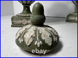 RARE 19th CENTURY WEDGWOOD GREEN DANCING HOURS URNS #1202 PAIR ONE A/F