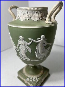 RARE 19th CENTURY WEDGWOOD GREEN DANCING HOURS URNS #1202 PAIR ONE A/F