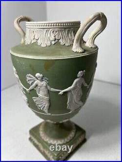 RARE 19th CENTURY WEDGWOOD GREEN DANCING HOURS URNS #1202 PAIR ONE A/F