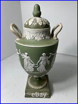 RARE 19th CENTURY WEDGWOOD GREEN DANCING HOURS URNS #1202 PAIR ONE A/F