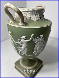 RARE 19th CENTURY WEDGWOOD GREEN DANCING HOURS URNS #1202 PAIR ONE A/F