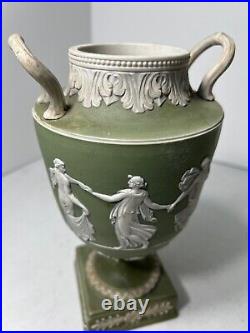 RARE 19th CENTURY WEDGWOOD GREEN DANCING HOURS URNS #1202 PAIR ONE A/F