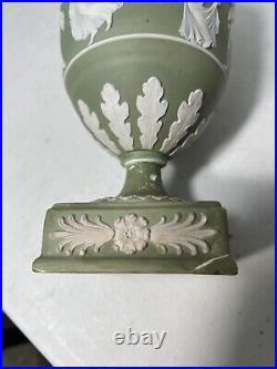 RARE 19th CENTURY WEDGWOOD GREEN DANCING HOURS URNS #1202 PAIR ONE A/F