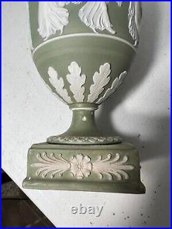 RARE 19th CENTURY WEDGWOOD GREEN DANCING HOURS URNS #1202 PAIR ONE A/F