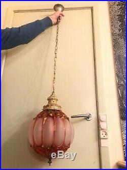 RARE Antique Multicolor Hanging Chain Lamp w. Big AMAZING Crystal Pendant Glass