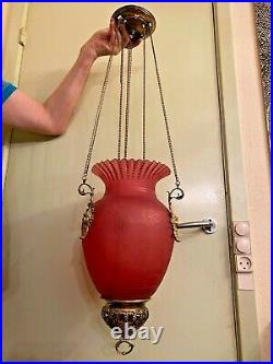 RARE Art Nouveau German Antique BEAUTIFUL Hanging Chain Lamp Big Red Matte Glass
