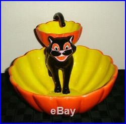 RARE Dept 56 Halloween BLACK CAT PUMPKIN BIG LAYERED CANDY DISH / CHIP DIP 2008