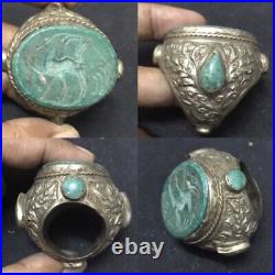 RARE Huge Big turquoise Seal intaglio Old Ring Animal Stamp Silver