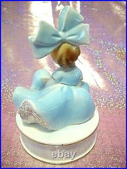 RARE VTG Inarco Blue Big Bow Girl Angel Bloomer Trinket Box Figurine