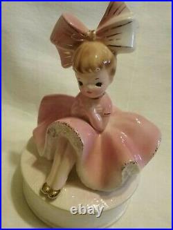 RARE VTG Inarco Pink Big Bow Girl Angel Bloomer Trinket Box Figurine