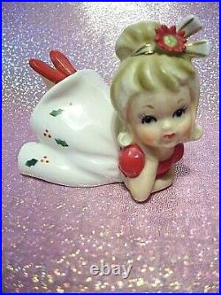 RARE VTG Napco Christmas Poinsettia Big Bow Girl Angel Bloomer Figurine