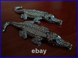 RARE Vintage Two Big Decorative Crocodiles Made Of Metal With Crystal Glass