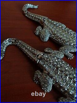 RARE Vintage Two Big Decorative Crocodiles Made Of Metal With Crystal Glass