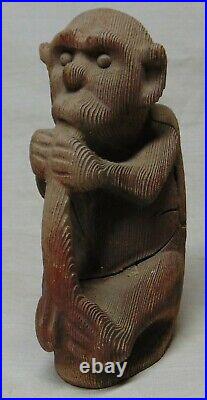 Rare BIG Monkey Scuplture wood and clay Monkey bitting His Own Tail Monkey King