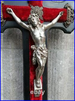 Rare Big Antique France Church Altar Standing Carved Wood Crucifix Metal Corpus