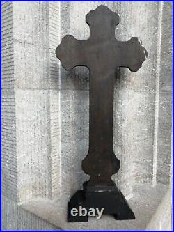 Rare Big Antique France Church Altar Standing Carved Wood Crucifix Metal Corpus