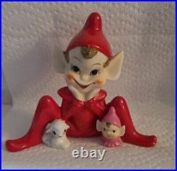 Rare Big Large Vintage Ceramic Elf Pixie With animal & baby Figurine