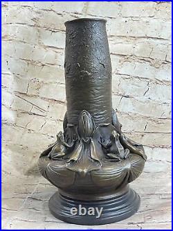 Rare Collectible Decorated Old Handwork Bronze Carve Frog Frogs Big Vase Decor