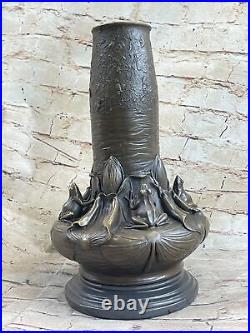 Rare Collectible Decorated Old Handwork Bronze Carve Frog Frogs Big Vase Decor