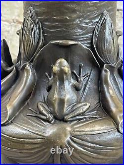 Rare Collectible Decorated Old Handwork Bronze Carve Frog Frogs Big Vase Figure